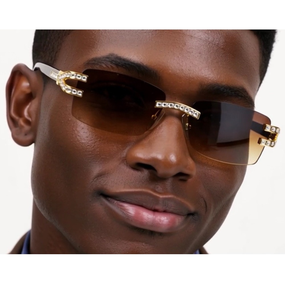 Rhinestone Sunglasses Rimless Buffs Brown Lens Fashion Shades Music Party Shades